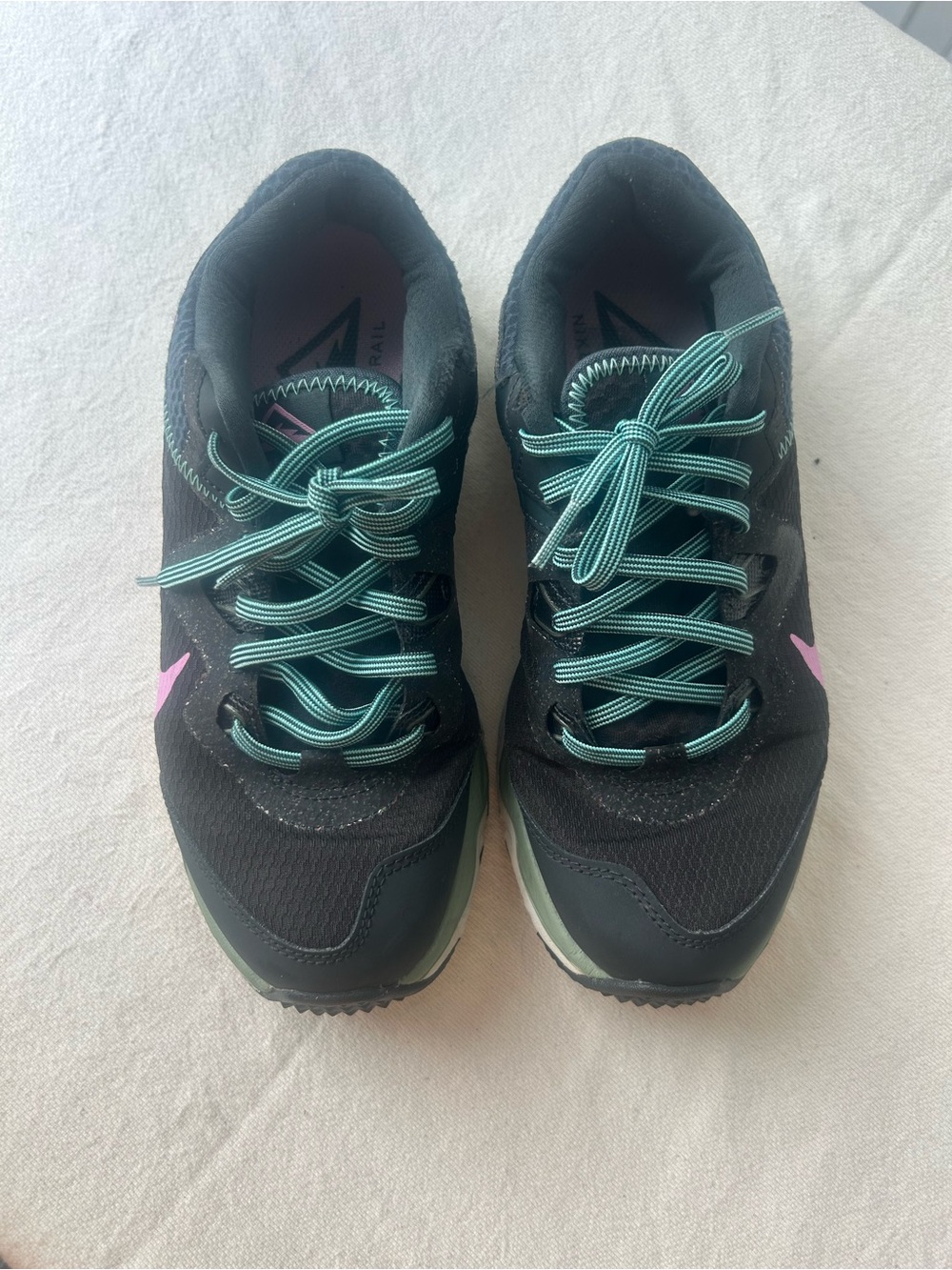 Nike Women's Black Sneakers with Teal Laces and Pink Swoosh